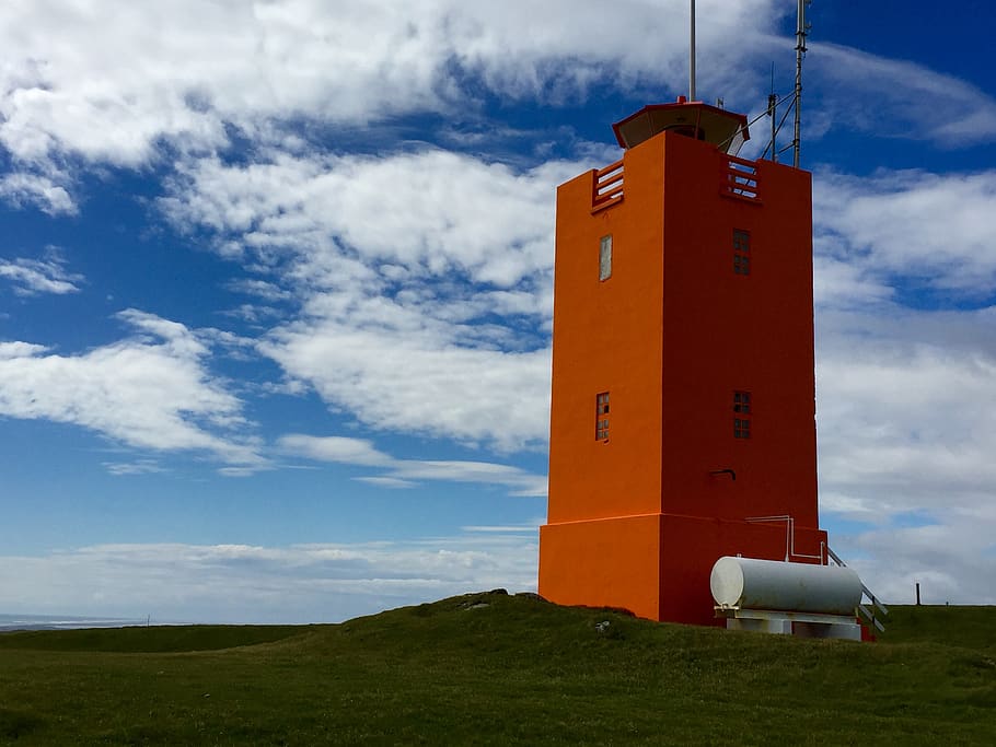 iceland, lighthouse, sky, orange, cloud - sky, built structure HD wallpaper