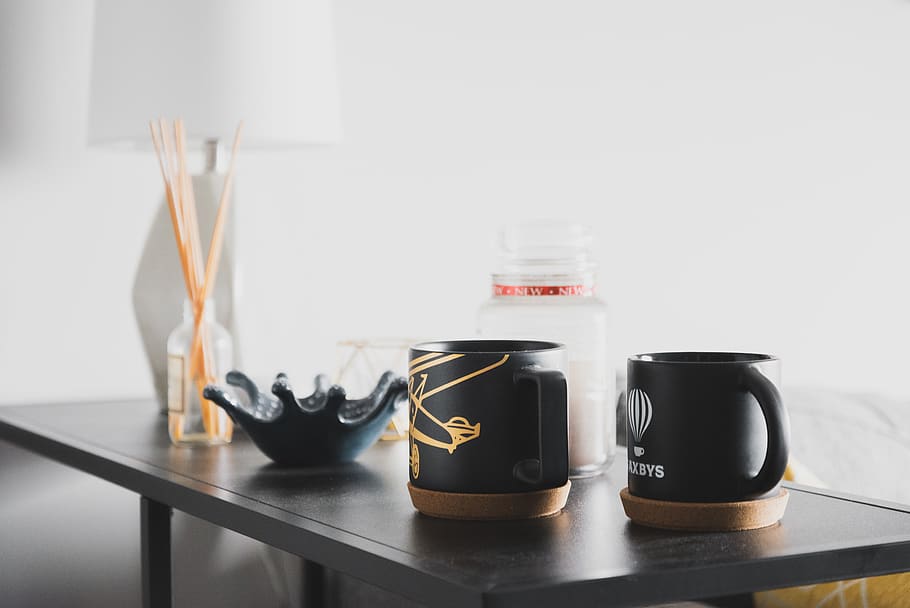 two black ceramic cups, coffee cup, usa, ewing, nj, pottery, shelf HD wallpaper