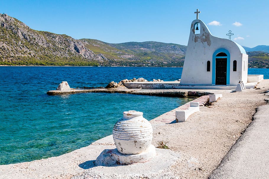 greece, church of saint nikolaos, seaside, blue water, summer