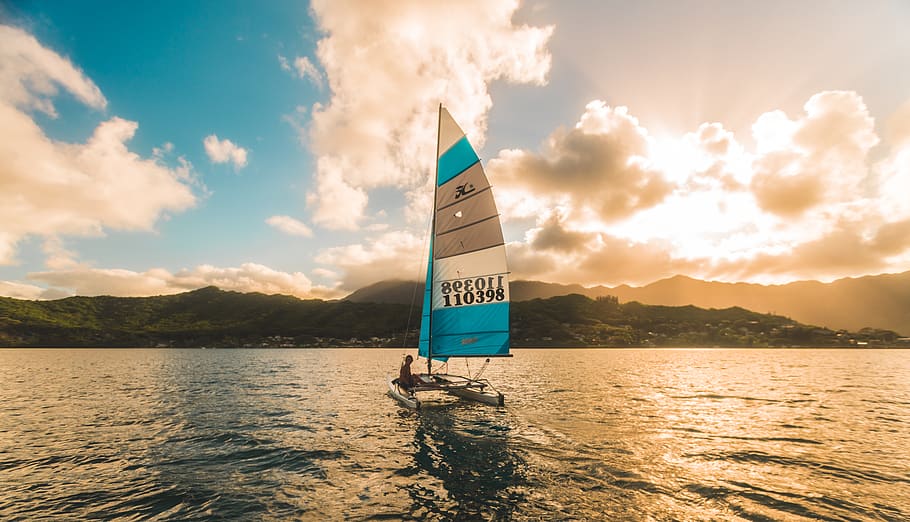 White Sailing Boat on Body of Water, beach, clouds, landscape HD wallpaper
