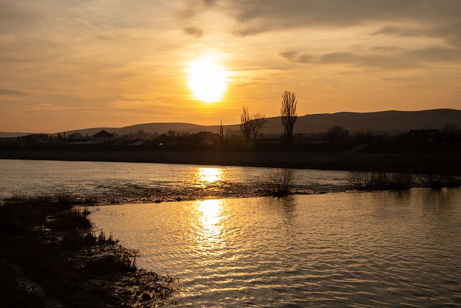 sunset, river, silhouette, landscape, evening, gold hour, water HD wallpaper
