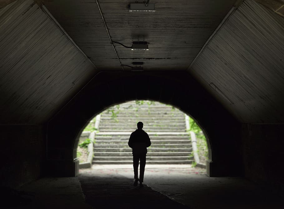 man standing inside tunnel, central park, city, united states