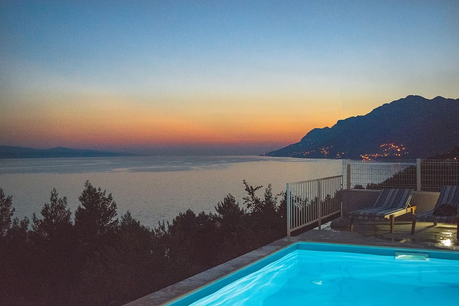 croatia, brela, water, swimming pool, sky, sunset, scenics - nature HD wallpaper