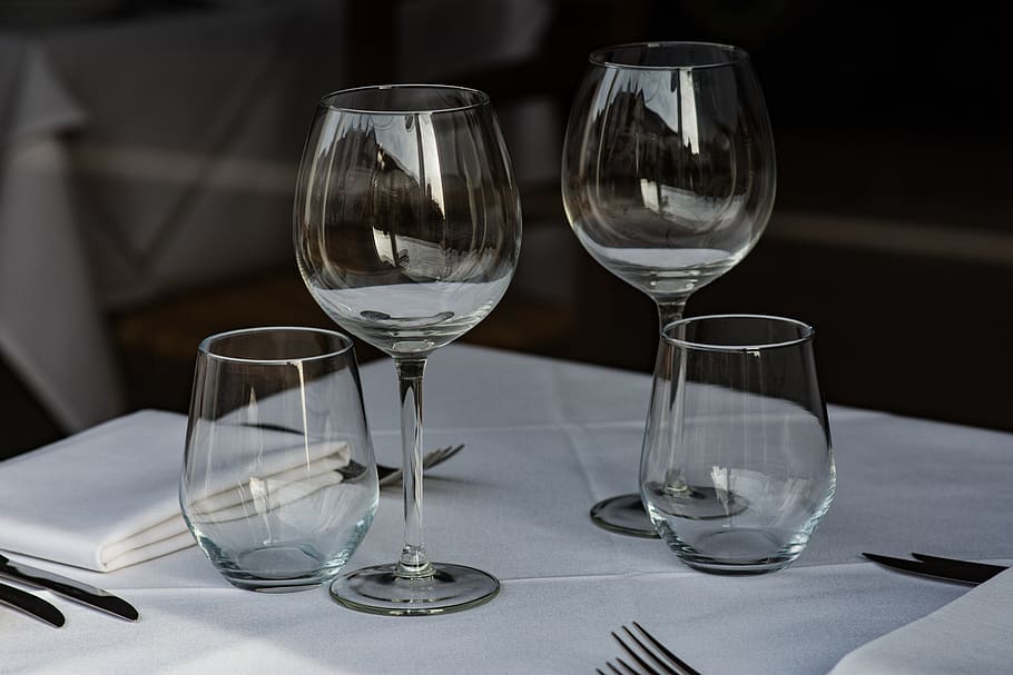 two clear wine glasses, table, wineglass, transparent, drink HD wallpaper