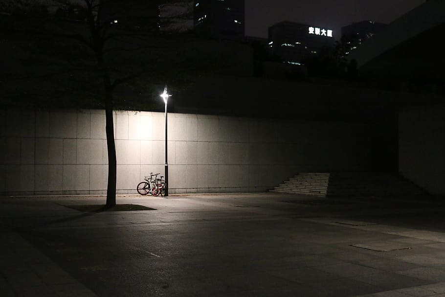 late, nighttime, city, dark, lamp post, china, park, steps, HD wallpaper