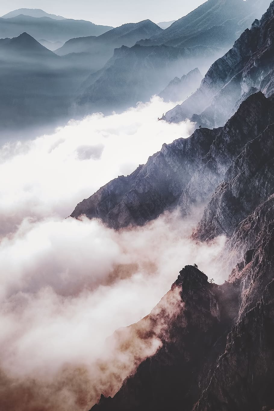 landscape photo of mountain peaks, fog, summit, scenic, scenery HD wallpaper