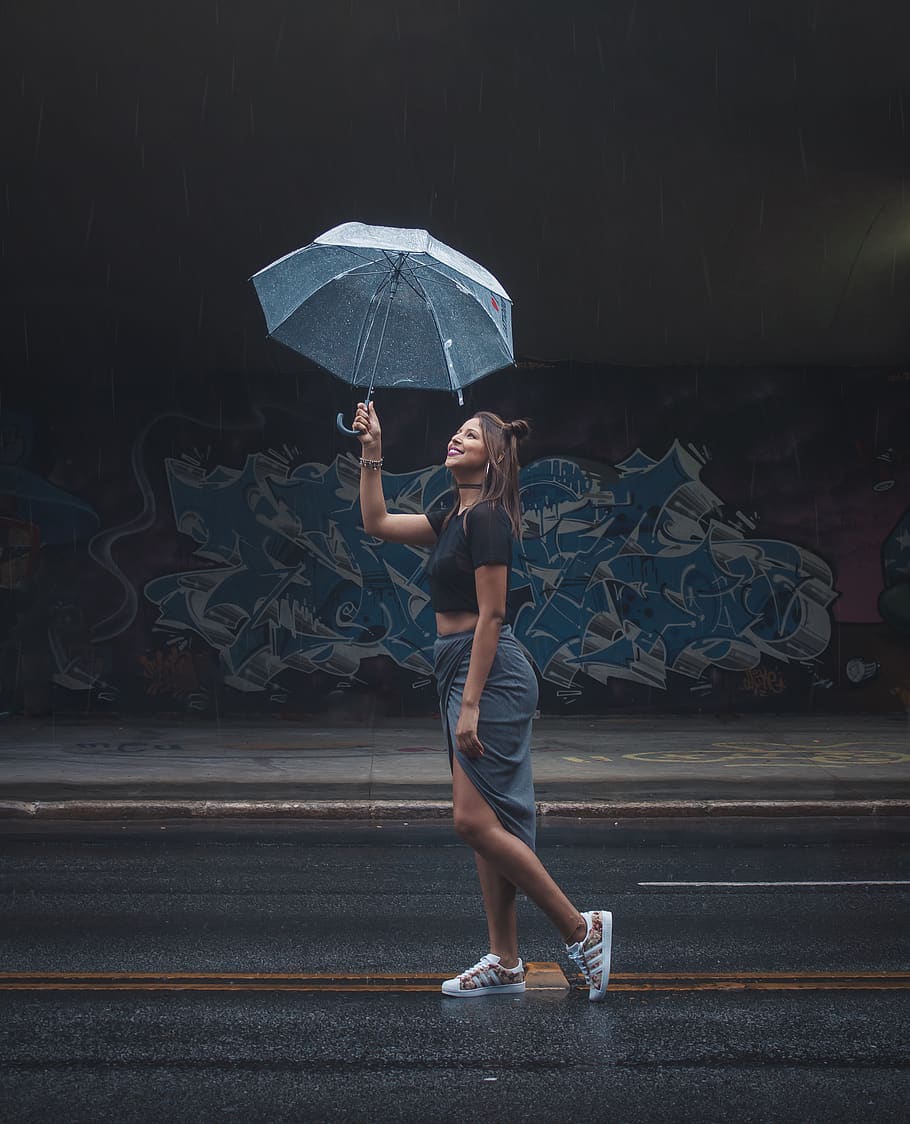 Woman Holding Transparent Umbrella, care, fashion, model, rain