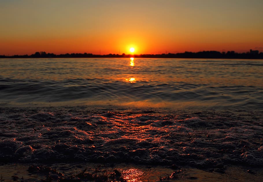 folk, beach, water, sunset, sky, beauty in nature, orange color HD wallpaper