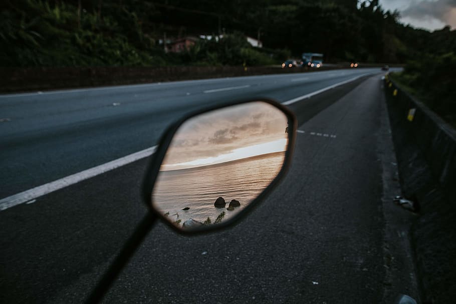 Vehicle Side Mirror, asphalt, drive, highway, ocean, road, sea HD wallpaper