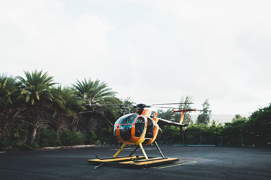 helicopter, helipad, track, fly, machine, heavy, metal, tree HD wallpaper