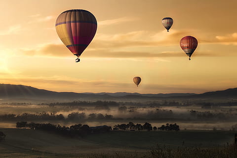 Hot Air Balloon, adventure, balloons, dawn, fields, flight, flying HD wallpaper