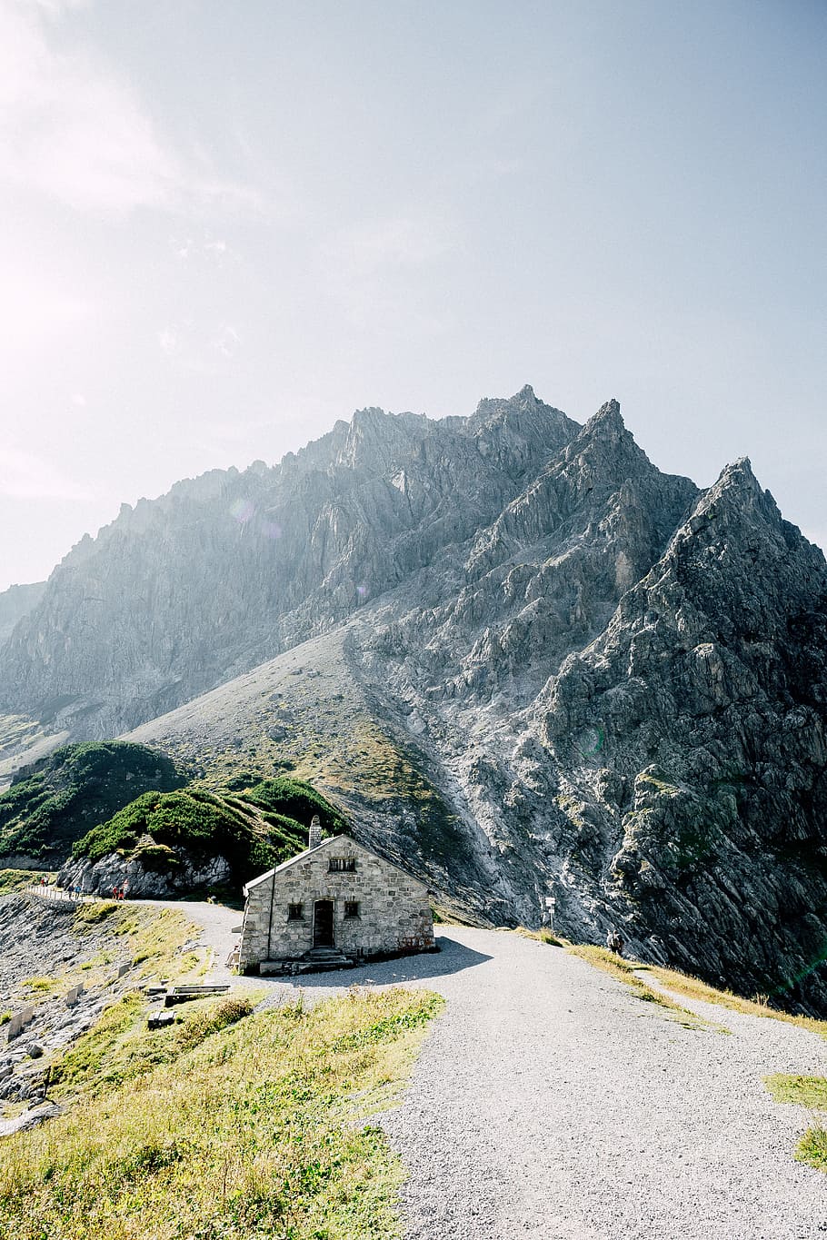 gray house near mountain, building, path, green, architecture HD wallpaper