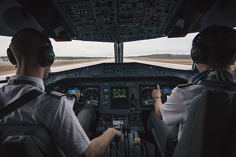 two men driving plane at daytime, pilot, airplane, takeoff, journey HD wallpaper