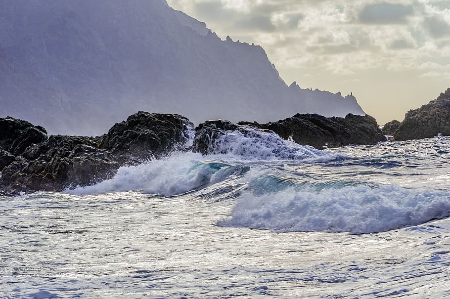 mountains, ocean, beach, wave, sunset, sea, clouds, nature HD wallpaper