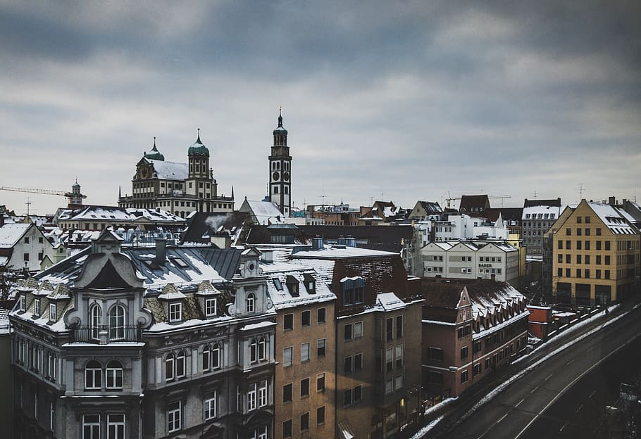 high rise buildings under clouds, city, tower, architecture, steeple HD wallpaper