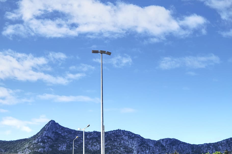 landscape, mountain, lights, pole, sky, clouds, scenery, mauritius HD wallpaper