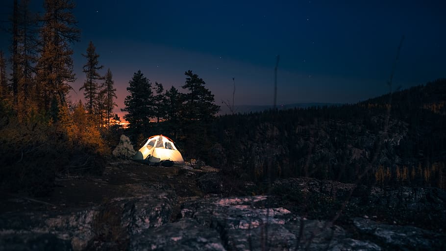lighted tent at night, camping, leisure activities, mountain tent, HD wallpaper