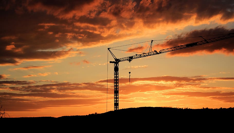 crane, sunset, summer, clouds, epic, hills, cloud - sky, orange color HD wallpaper
