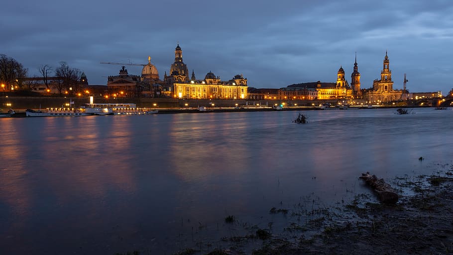 dresden, elbe, river, architecture, frauenkirche, night, lights HD wallpaper