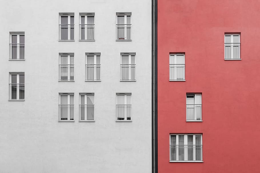 pink and white painted concrete buildings, window, gutter, architecture HD wallpaper