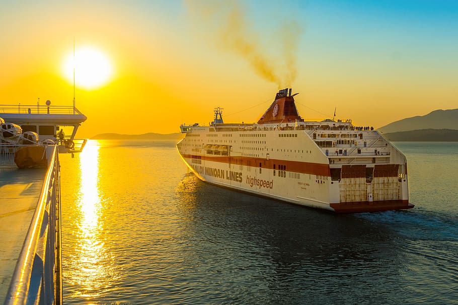 ship, mediterranean, vacations, ferry, sunset, cruise, travel HD wallpaper