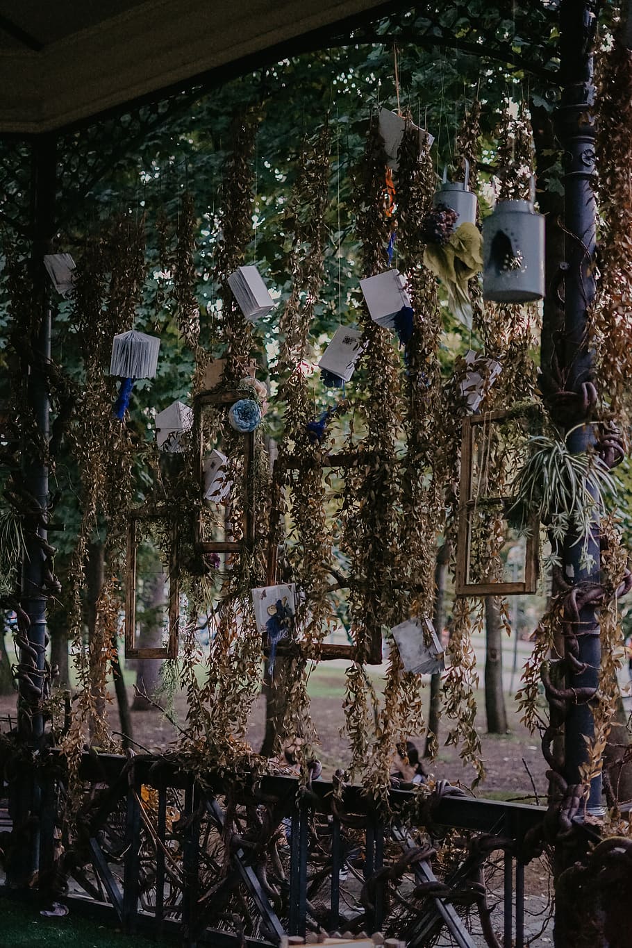 gray cans hanging decors, plant, tree, bird feeder, chime, musical instrument, HD wallpaper