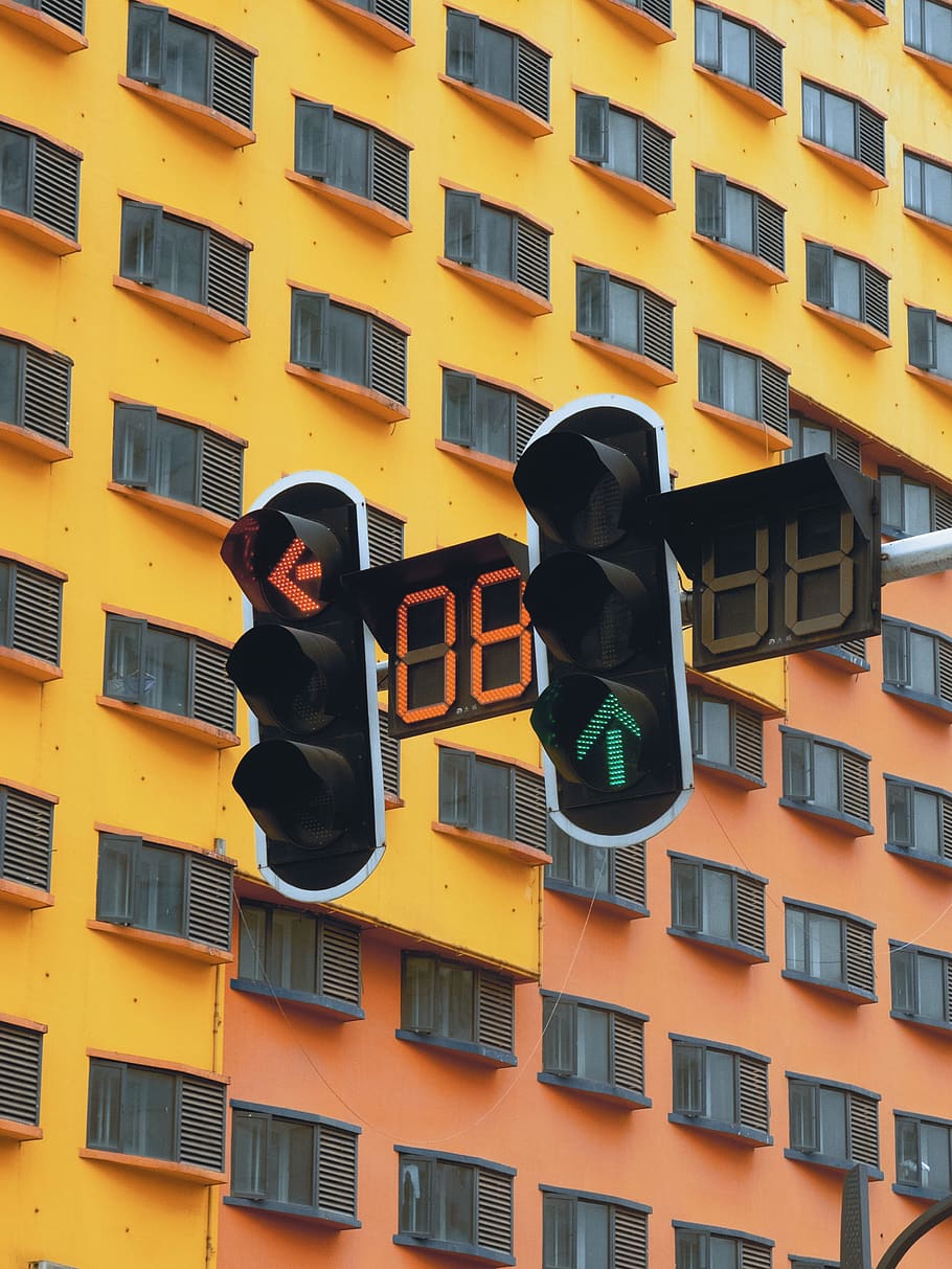 two traffic lights, home decor, window, orange, city, building HD wallpaper