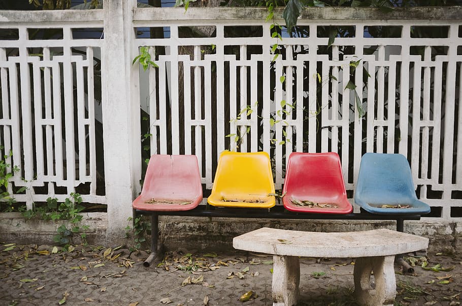 blue, red, yellow, and pink bench near white steel fence, chair, HD wallpaper