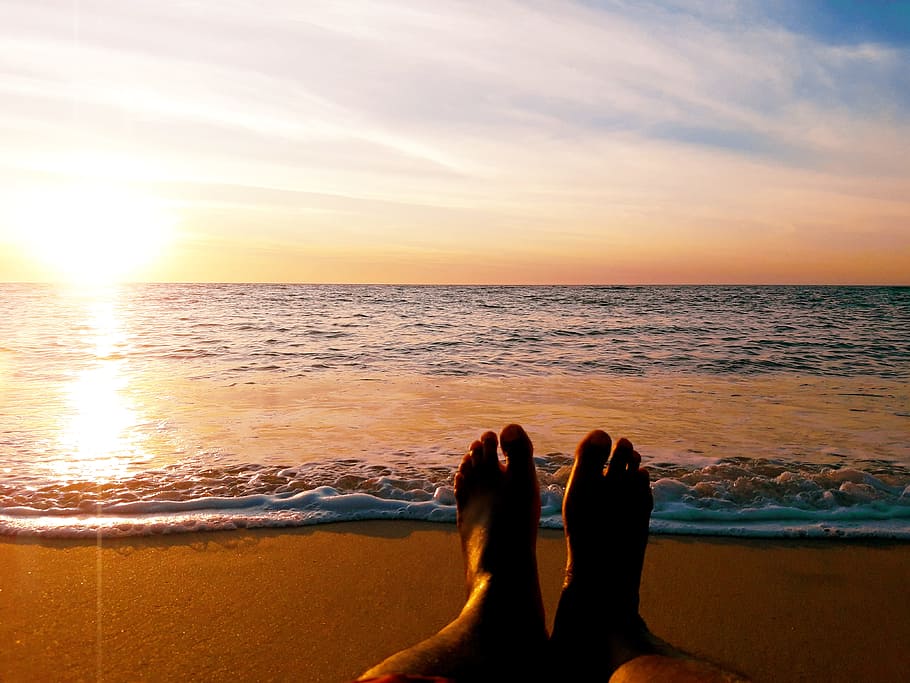 Person Shows Feet on Body of Awter, beach, bright, clouds, coast HD wallpaper