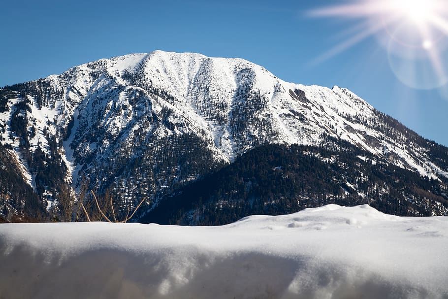 mountain, winter, wintry, outlook, sun, sky, snow, mountains HD wallpaper