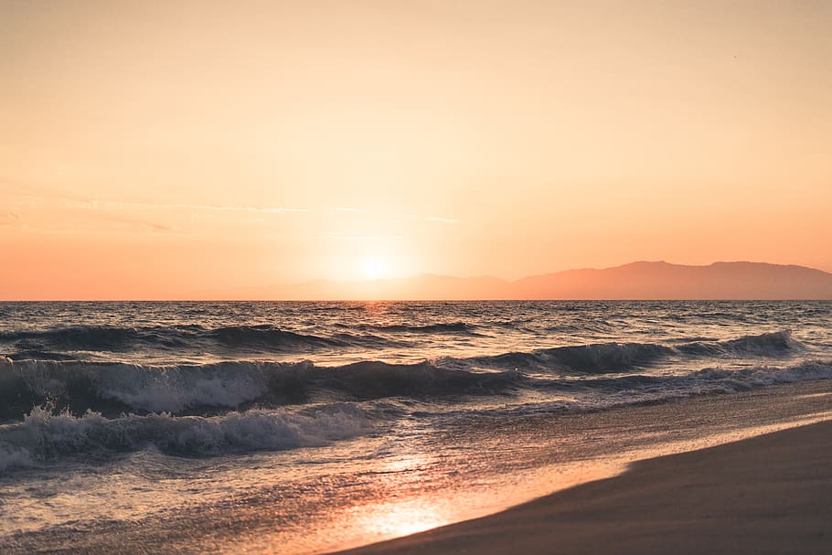 sea, water, sunset, beach, land, sky, wave, scenics - nature HD wallpaper