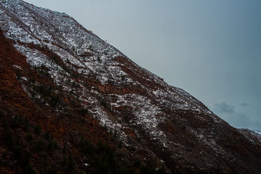 mountain, sky, gradient, white, snow, rock, red, tree, low angle view HD wallpaper