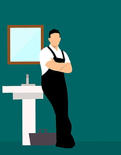 Illustration of plumber leaning on sink, working on fixtures in bathroom. HD wallpaper