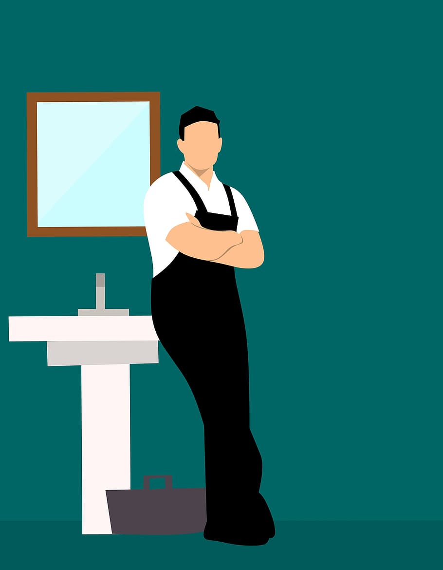 Illustration of plumber leaning on sink, working on fixtures in bathroom. HD wallpaper