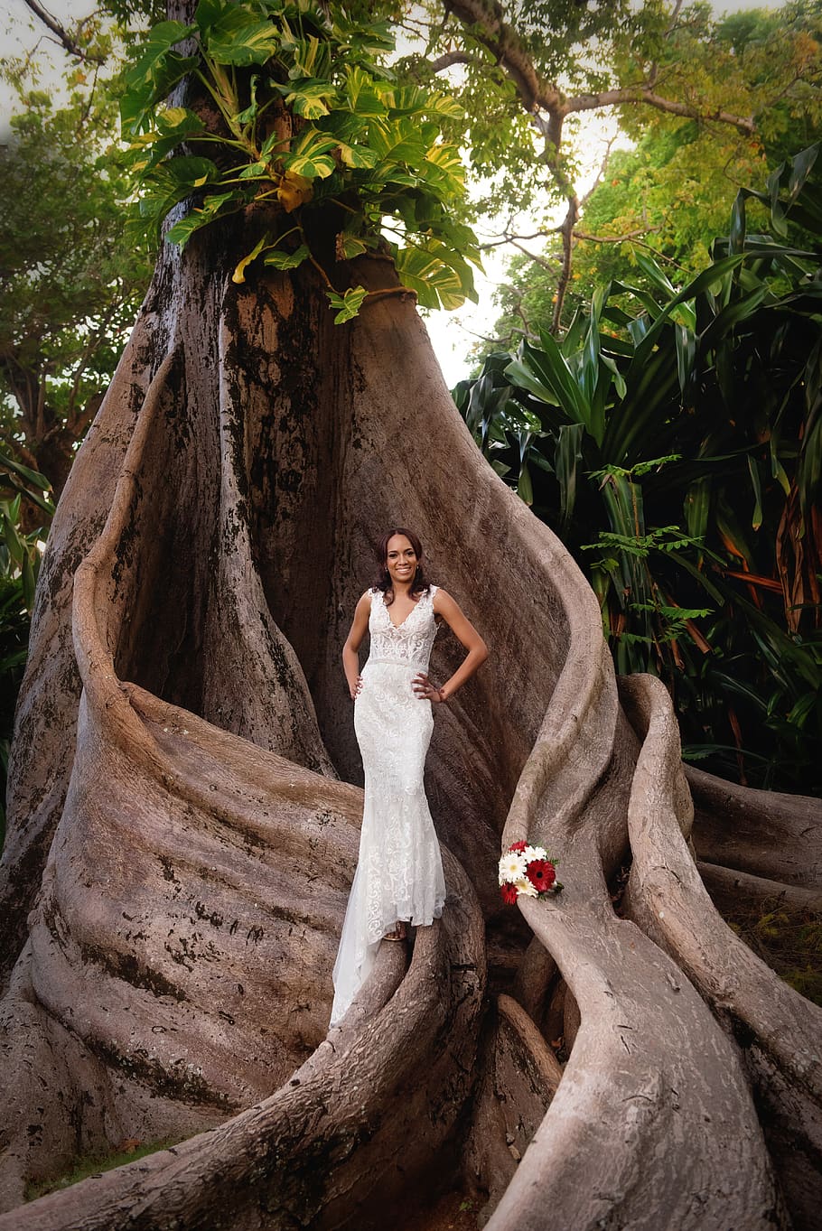 Woman In White Sleeveless Wedding Dress, bride, person, rainforest HD wallpaper