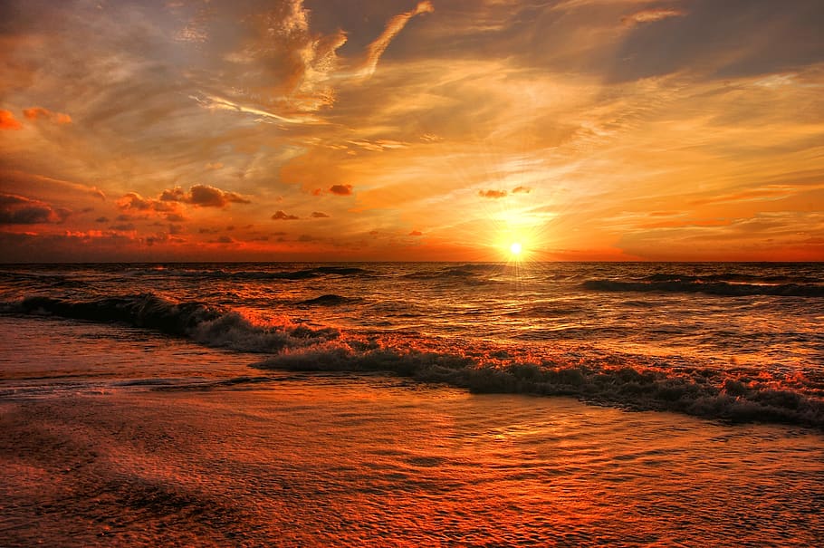 Sea during Sunset, beach, blue sky, clouds, coast, dawn, dramatic, HD wallpaper