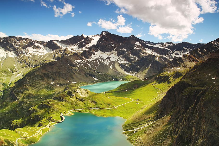 Aerial View of Mountain and Body of Water, alpine, ceresole reale, HD wallpaper