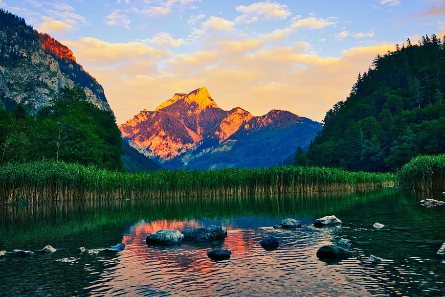 alpenglühen, sunset, alpine, mountains, mountain landscape HD wallpaper
