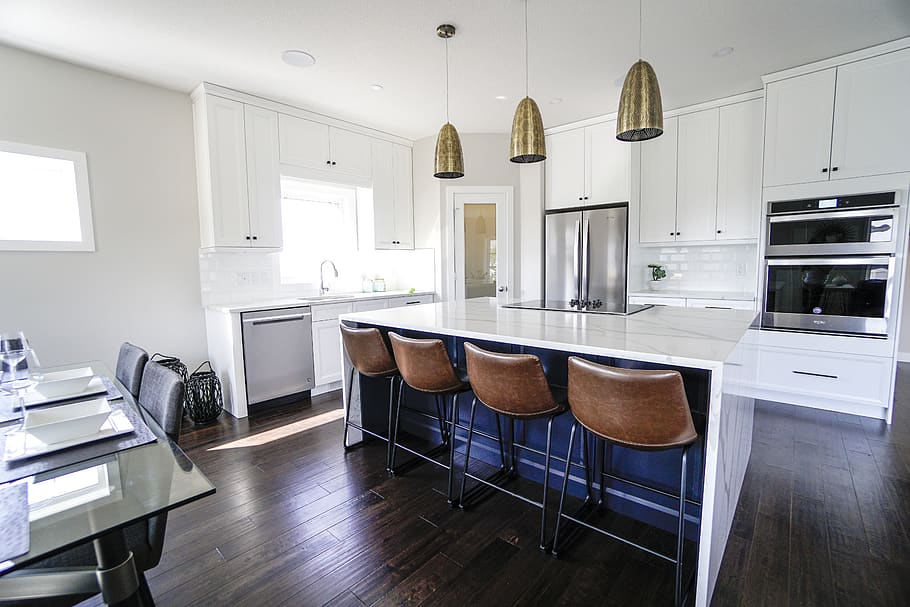 kitchen, bar stools, decor, apartment, home, sit, chair, interior HD wallpaper