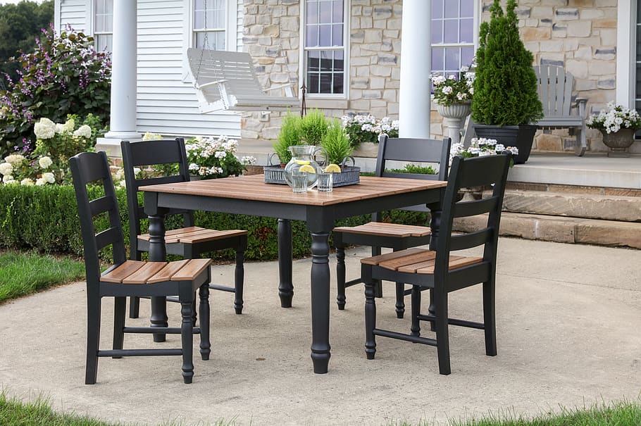 square brown and black wooden patio dining table surrounded by dining chairs, HD wallpaper