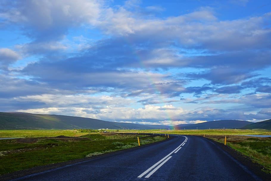 iceland, húsavík, rain, clouds, street, cloudy, rainbow, sunny HD wallpaper