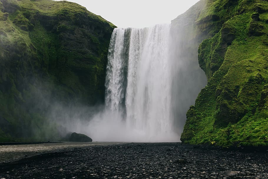 scenery of waterfalls, river, outdoors, iceland, cliff, skógafoss waterfall, HD wallpaper