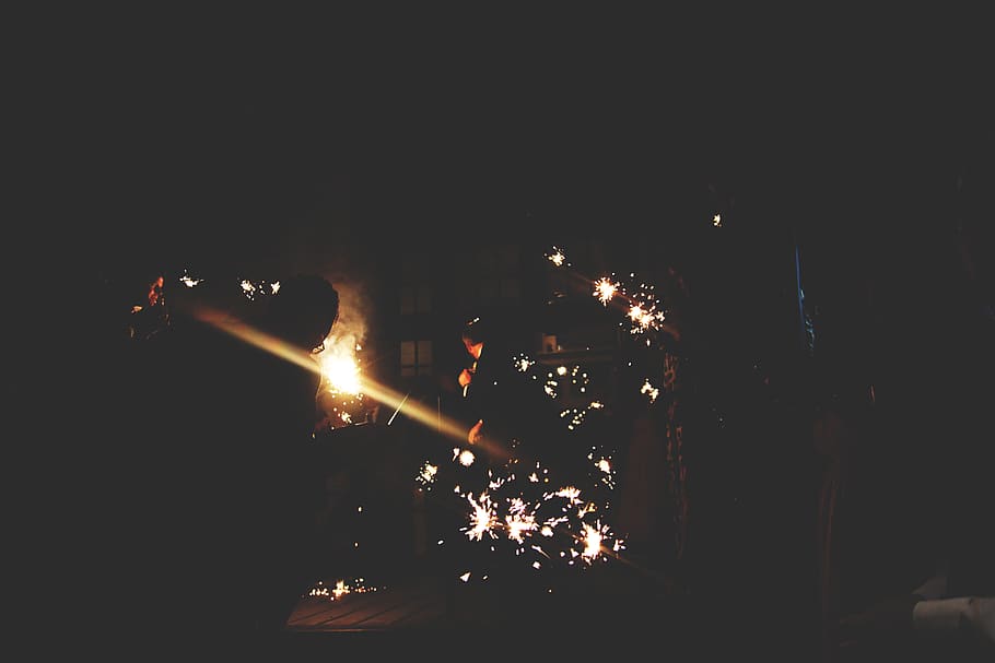 fire, spark, sparklers, contrast, flames, night, illuminated HD wallpaper