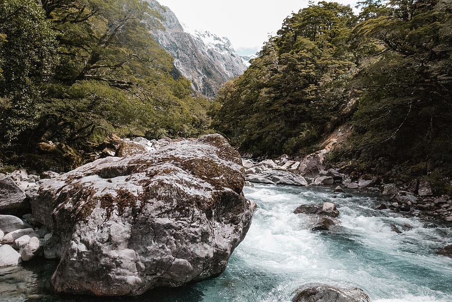 river between trees and mountains, nature, water, outdoors, creek HD wallpaper