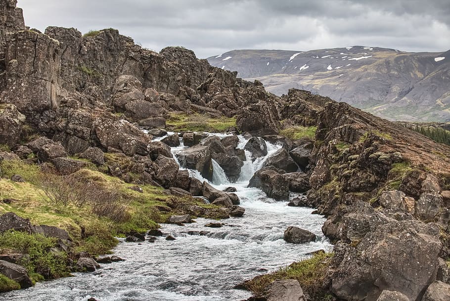 cloud, mountain, stream, water, rock, beauty in nature, scenics - nature HD wallpaper
