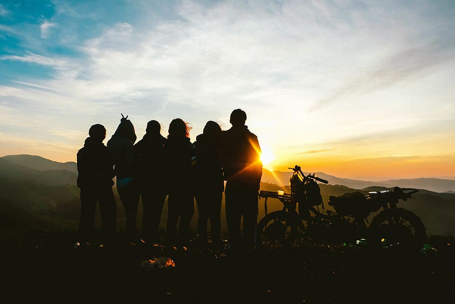 bff, forest trekking, sky, group of people, sunset, real people HD wallpaper