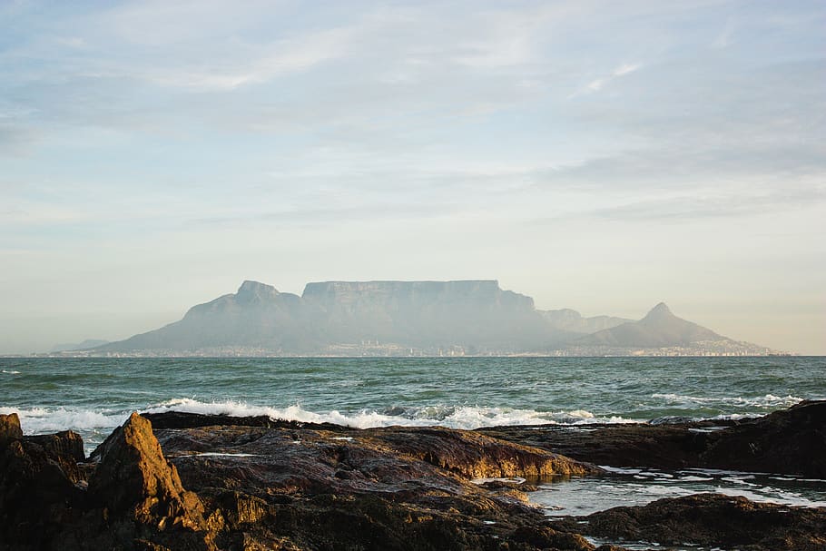 south africa, cape town, sea, shore, ocean, mountain, horizon, HD wallpaper