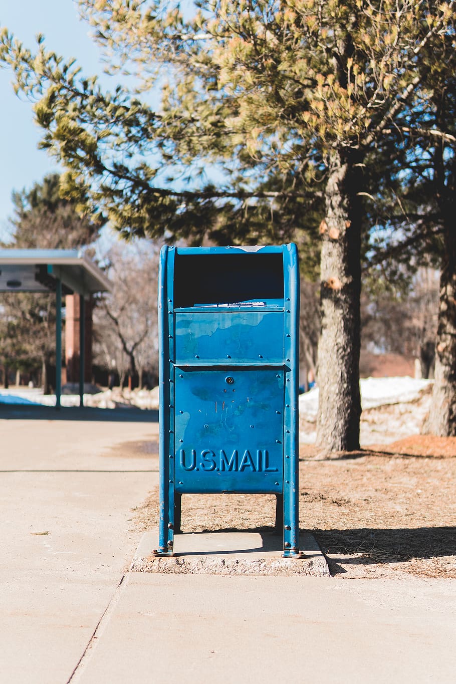 blue U.S. mail box on concrete pavement, northern michigan university