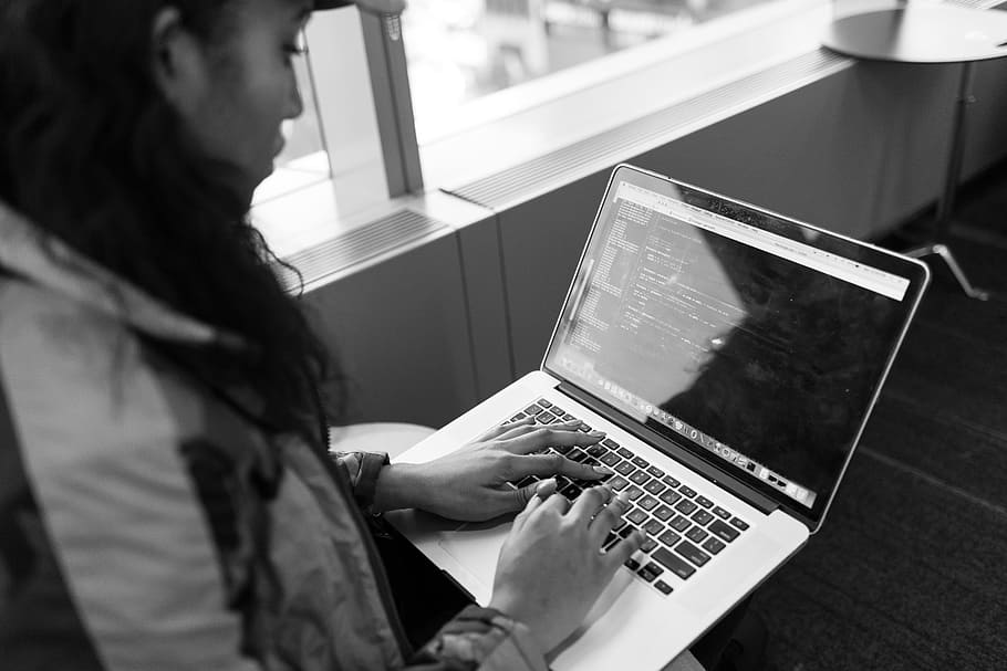 Woman Using Laptop, black and white, black-and-white, code, coding