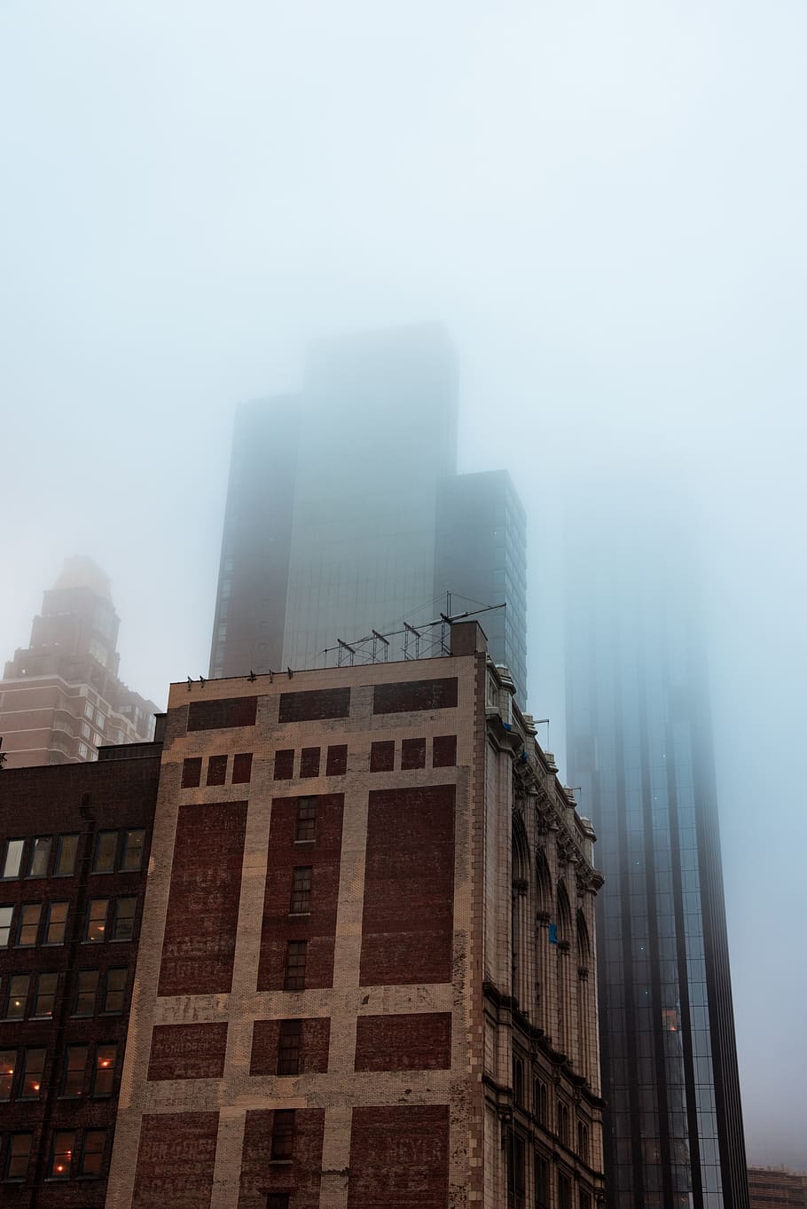 brown concrete building, nature, fog, weather, city, urban, smoke HD wallpaper